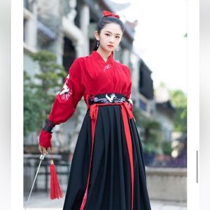 Tangier Embroidered Chinese Hanfu Costume red top and belt, black dress